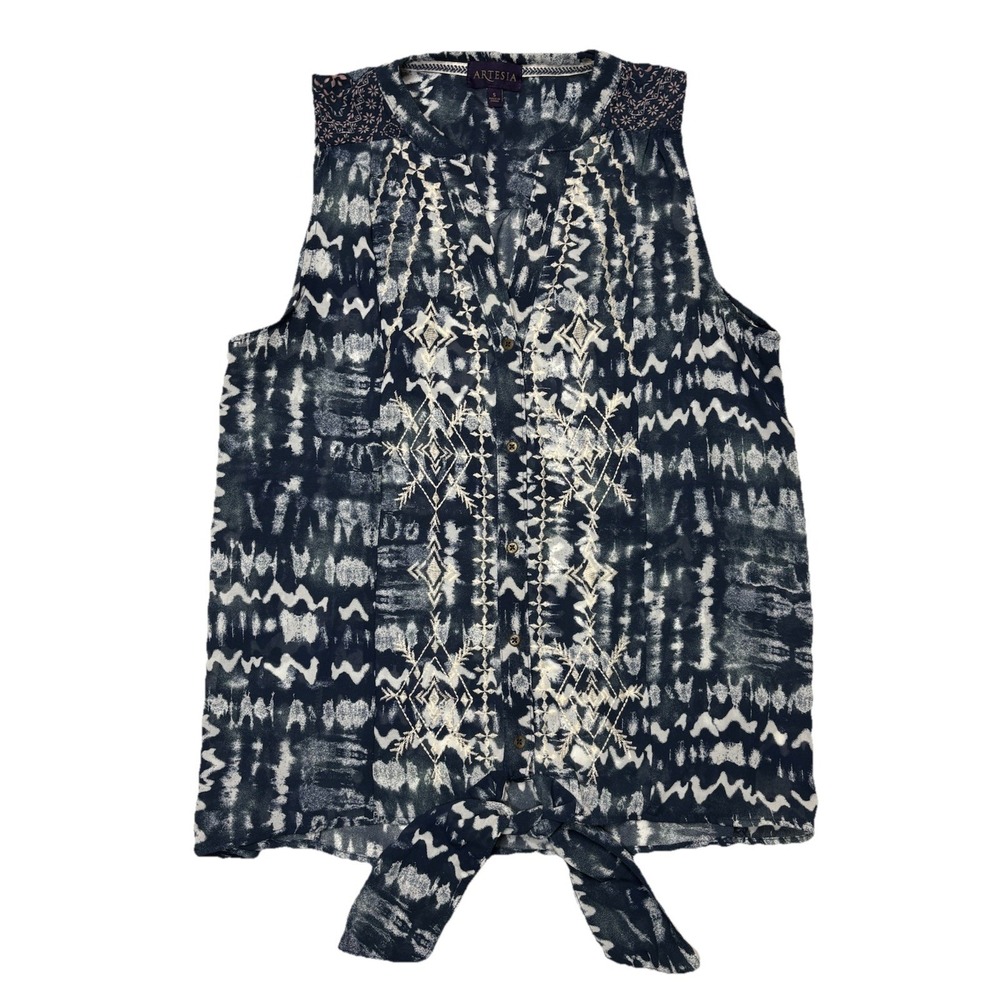 Artesia Womens Sleeveless Tie Front Button Blouse Boho Ikat Print Size S